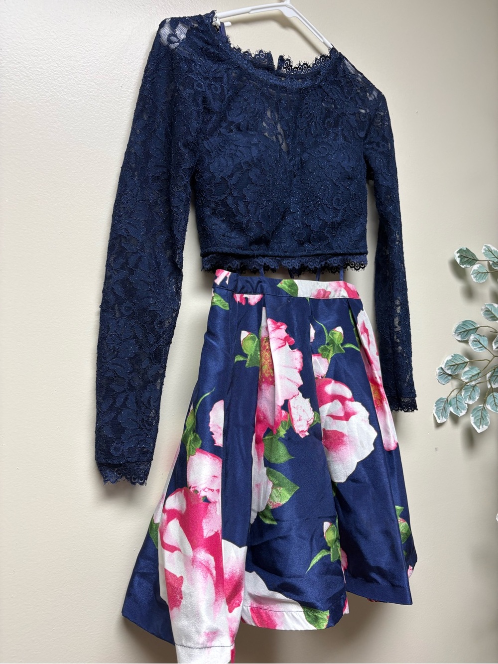 Girls Navy Lace Crop Top & Floral Skirt Set